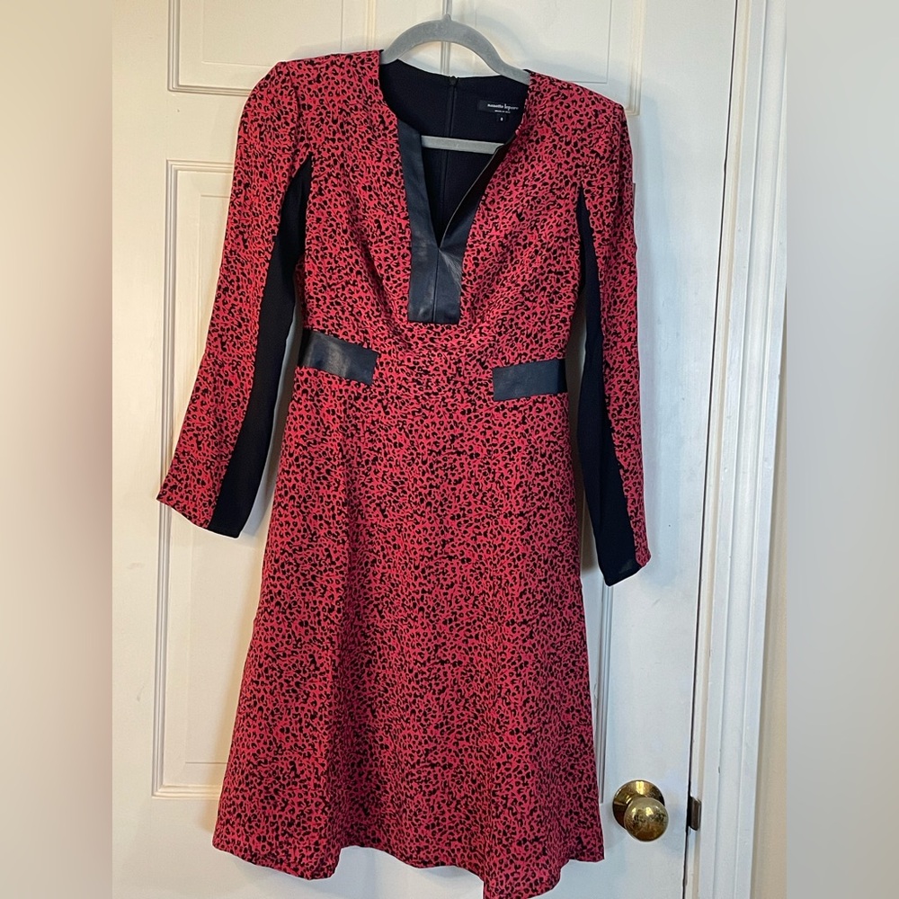 Nanette Lepore Womens Size 0 Pink Black Leopard Print Silk Leather Trim Dress